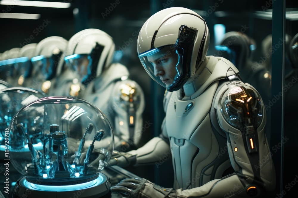 Fototapeta premium A futuristic scene featuring a person in a high-tech suit, interacting with advanced technology.