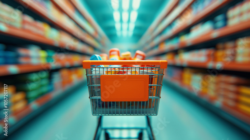 shopping cart filled with various products in grocery store aisle