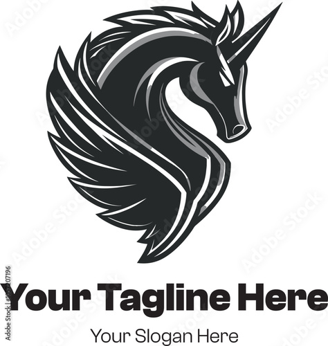  beautifully stylized logo of a horse's head in a grayscale tribal or engraved style, with a detailed, flowing mane that creates a sense of elegance and motion.