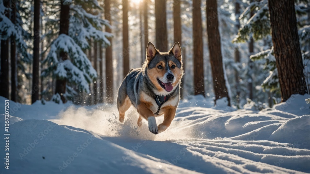 A playful dog runs through a snowy forest, capturing a joyful winter moment. A playful dog runs through a snowy forest, capturing a joyful winter moment.