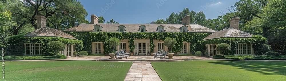 A large house with a lot of greenery and a stone roof A large house with a lot of greenery and a stone roof