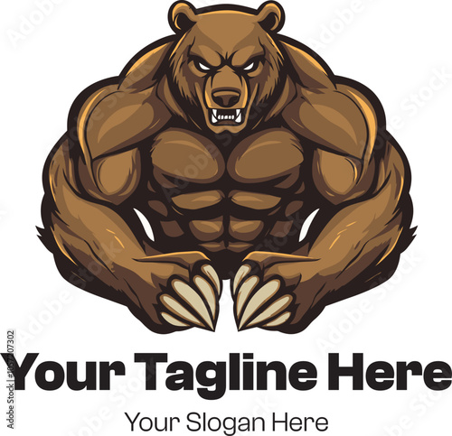 fun and powerful mascot of a heavily muscled, anthropomorphic brown bear flexing its biceps, a perfect and intimidating character for a gym, fitness brand, or sports team.