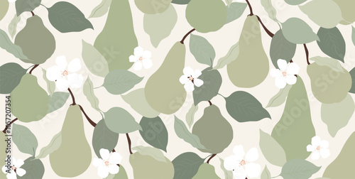 Summer vintage doodle pears, cartoon fruity seamless pattern. Retro groovy fruits aesthetic design for prints. 