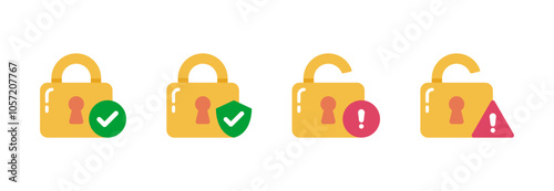 Security Padlock Icons with Warning Symbols in Flat Vector Illustration Style