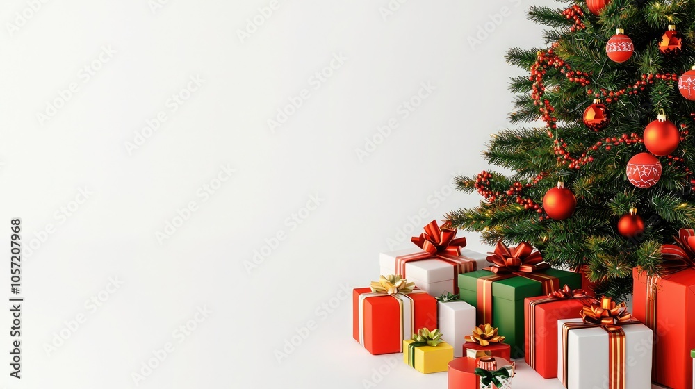 A beautifully decorated Christmas tree adorned with red ornaments, surrounded by colorful gift boxes, creating a festive atmosphere. A beautifully decorated Christmas tree adorned with red ornaments, surrounded by colorful gift boxes, creating a festive atmosphere.