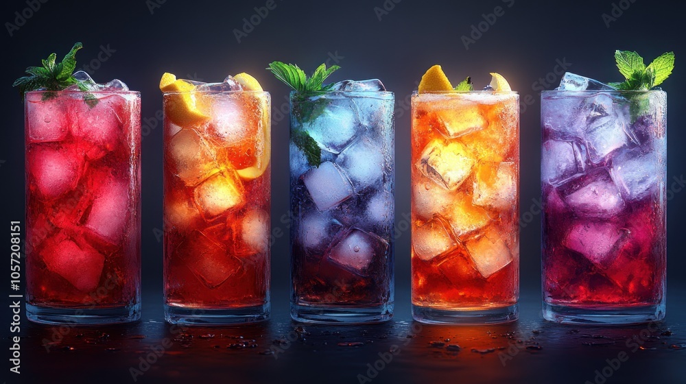 A vibrant display of colorful drinks with ice and garnishes. A vibrant display of colorful drinks with ice and garnishes.