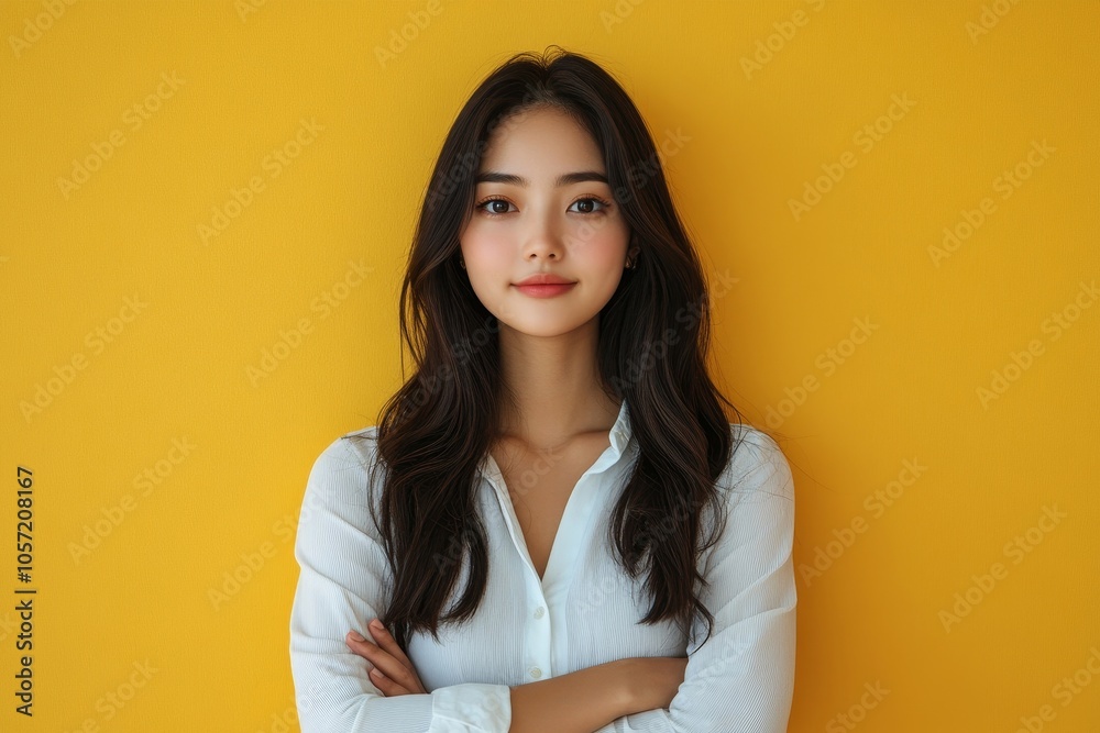 Cute asian young woman in white casual shirt looking up and thinking imagination isolated on yellow background in studio, Generative AI Cute asian young woman in white casual shirt looking up and thinking imagination isolated on yellow background in studio, Generative AI