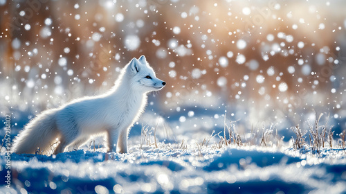 White arctic fox in the snow with a bushy furry tail in a wintry scene