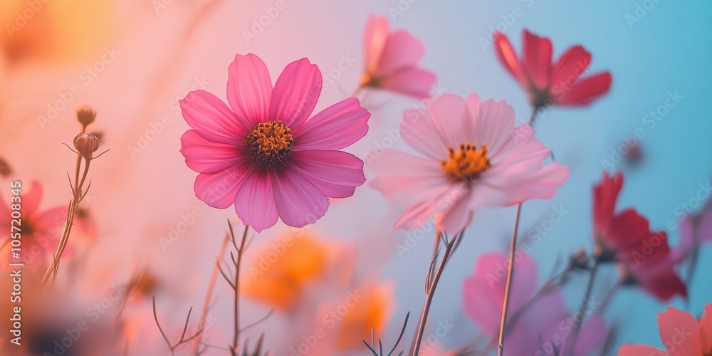 Various blooming flowers on soft gradient background Various blooming flowers on soft gradient background