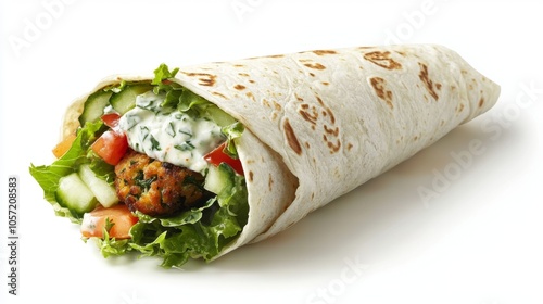 Falafel Wrap with Fresh Vegetables - a wrap filled with falafel, lettuce, and tzatziki