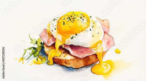A watercolor painting of an English muffin topped with ham, a poached egg, and hollandaise sauce