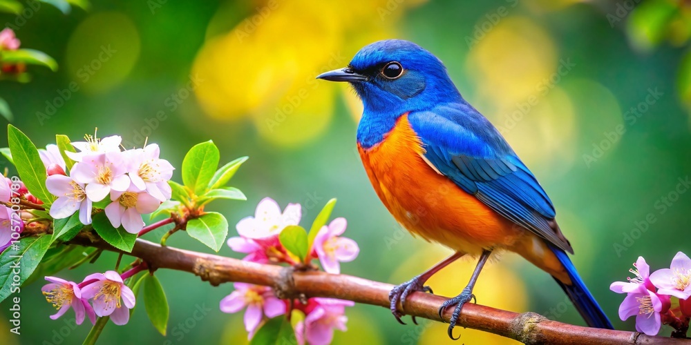 Vibrant Blue and Orange Bird on Tree Branch Above Lush Green Foliage with Flowers Vibrant Blue and Orange Bird on Tree Branch Above Lush Green Foliage with Flowers