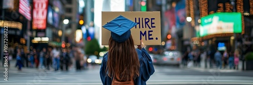 The image depicts the back view of a graduate holding a 'Hire Me' sign, standing nobly on a busy street; a symbol of hope and the search for opportunity. photo