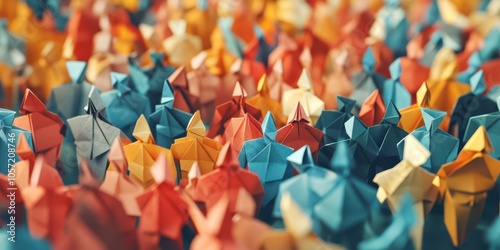 Vibrant crowd of diverse people in origami style, representing overpopulation and demographic diversity. photo