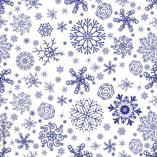 Vector seamless Christmas hand drown monochrome pattern with dark blue snowflakes and stars on a transparent background