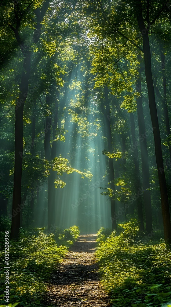 Obraz premium A serene forest scene with sunlight filtering through trees, creating a tranquil atmosphere.