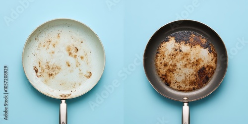 Side-by-side comparison of clean and dirty frying pans on a light blue background.