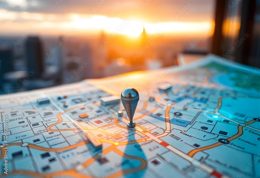 Close-up of a city map highlighted with glowing neon blue and pink lights, featuring a red navigation pin element, intricate abstract geometric patterns, and a softly blurred background Close-up of a city map highlighted with glowing neon blue and pink lights, featuring a red navigation pin element, intricate abstract geometric patterns, and a softly blurred background
