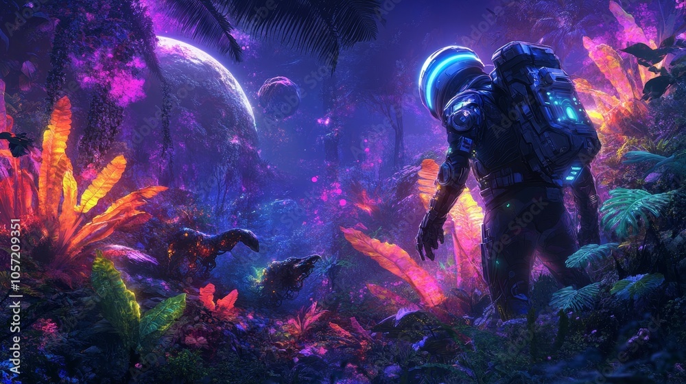 Fototapeta premium Futuristic Explorer in Alien Jungle: Vibrant Glowing Flora and Strange Wildlife in Otherworldly Atmosphere