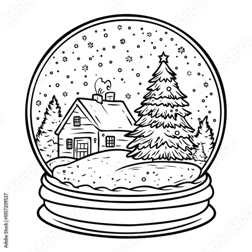 Snow globe with a cozy cottage and Christmas tree surrounded by snowflakes.