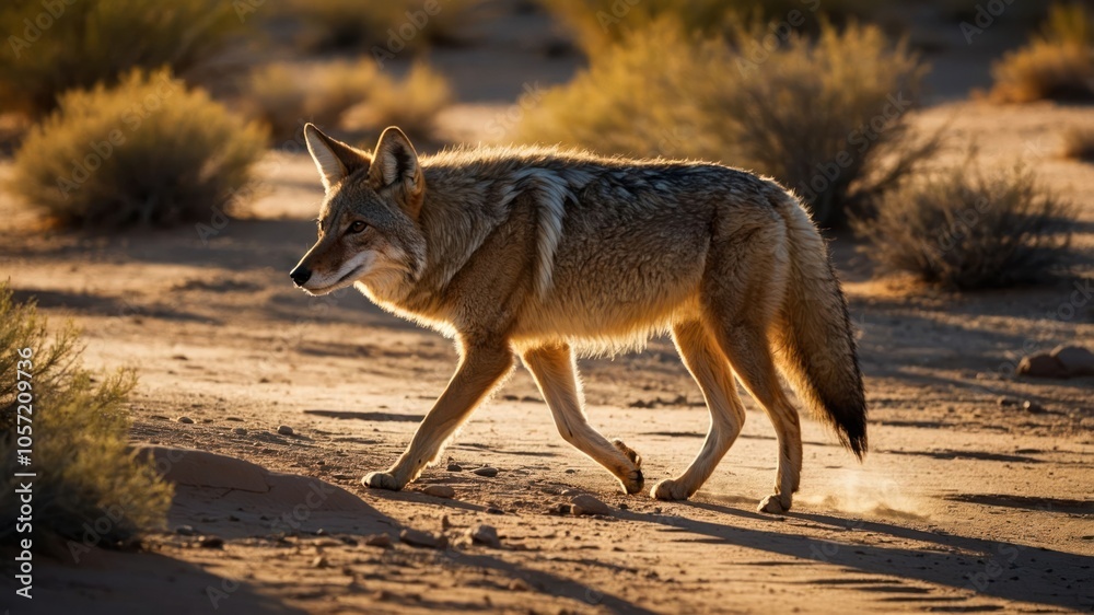 A coyote walking through a sunlit desert landscape, showcasing its natural habitat. A coyote walking through a sunlit desert landscape, showcasing its natural habitat.
