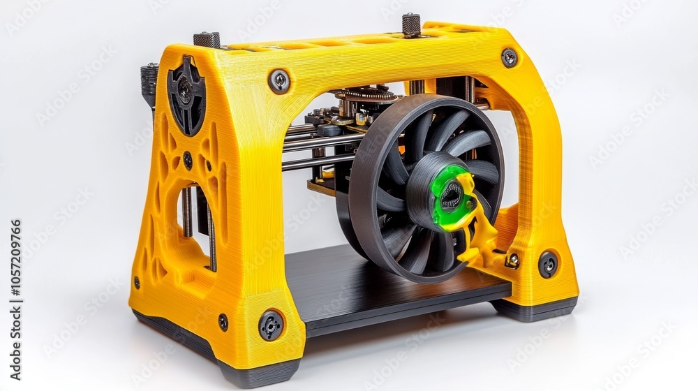 3D Printer with Yellow Frame and Black Fan on White Background 3D Printer with Yellow Frame and Black Fan on White Background