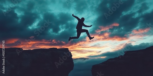High-resolution photo of a silhouette man jumping from past to future over a cliff, symbolizing progress.