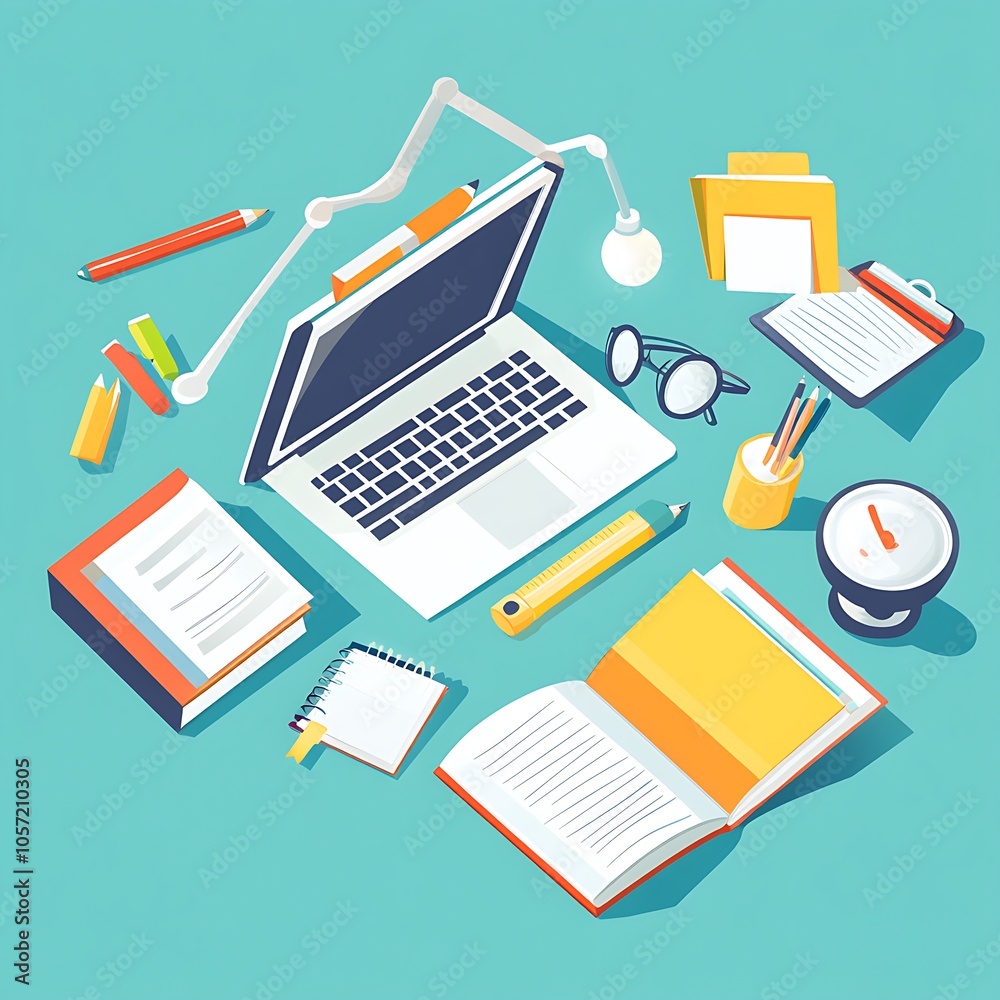 Organized Study Desk with Laptop and Essential Educational Supplies Cartoon Illustration Organized Study Desk with Laptop and Essential Educational Supplies Cartoon Illustration