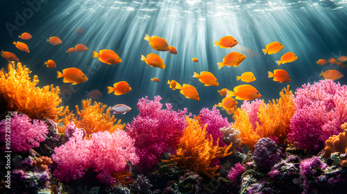 A Vibrant Underwater Coral Reef Teeming with Colorful Fish, Sea Anemones, and Marine Life 