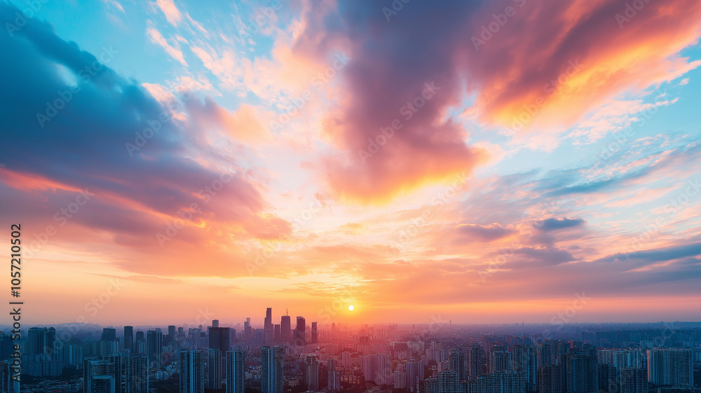 vibrant sunset over city skyline, showcasing colorful clouds and buildings vibrant sunset over city skyline, showcasing colorful clouds and buildings