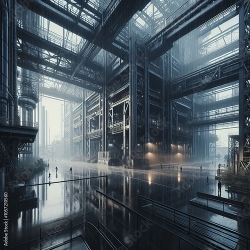 An industrial zone with rain highlighting the starkness of metal photo