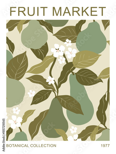 Fruits market poster - groovy pears and leaves modern botanical fruity print. Aesthetic contemporary vector illustration.
