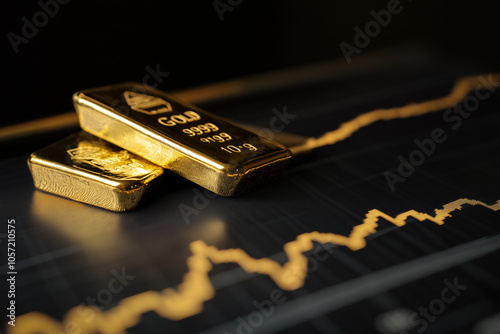 Shiny gold bars placed on top of fluctuating stock market graphs, representing the steadiness of gold in a volatile market, with copy space.  photo