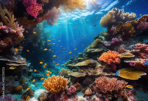 stunning underwater scene showcasing vibrant marine life amidst colorful coral landscapes filled diverse creatures rich textures, anemone, algae