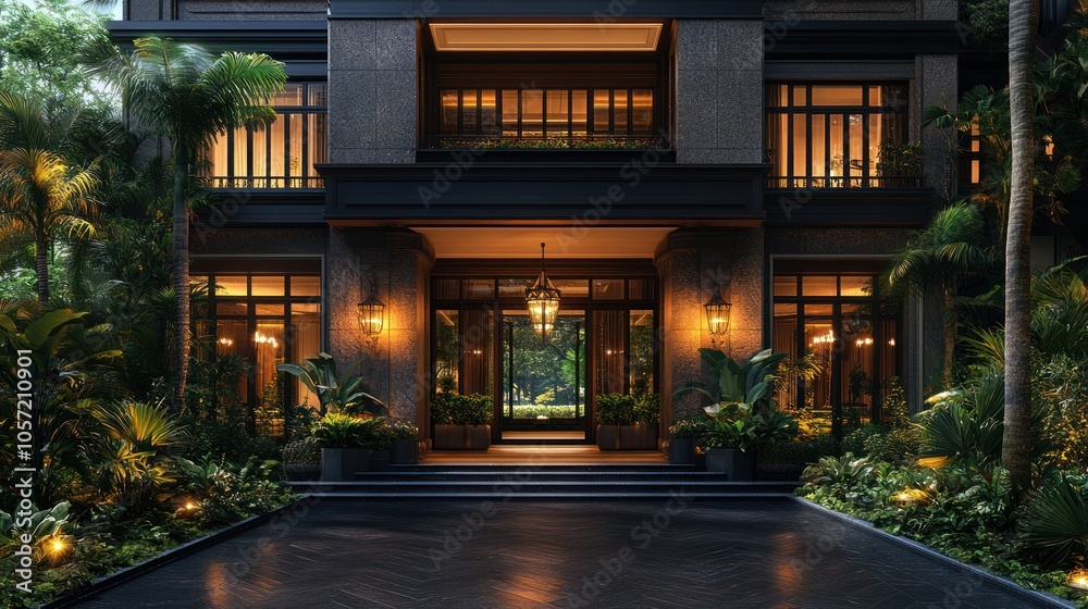 Elegant entrance of a modern building surrounded by lush greenery. Elegant entrance of a modern building surrounded by lush greenery.