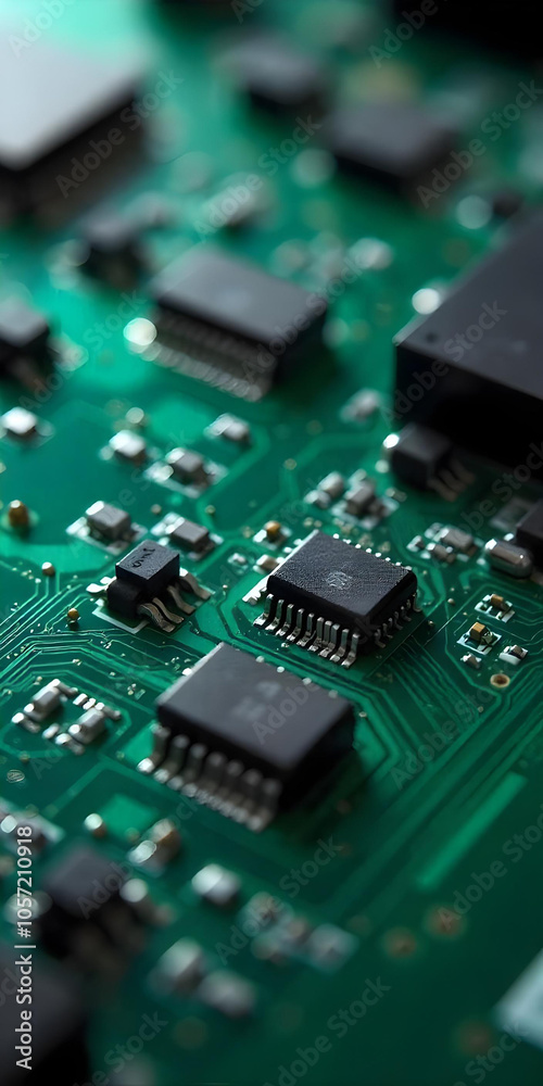 Electronic circuit board with processor with an array of electronic elements, including surface-mounted devices and chips, featuring intricate labels in red on the board Electronic circuit board with processor with an array of electronic elements, including surface-mounted devices and chips, featuring intricate labels in red on the board