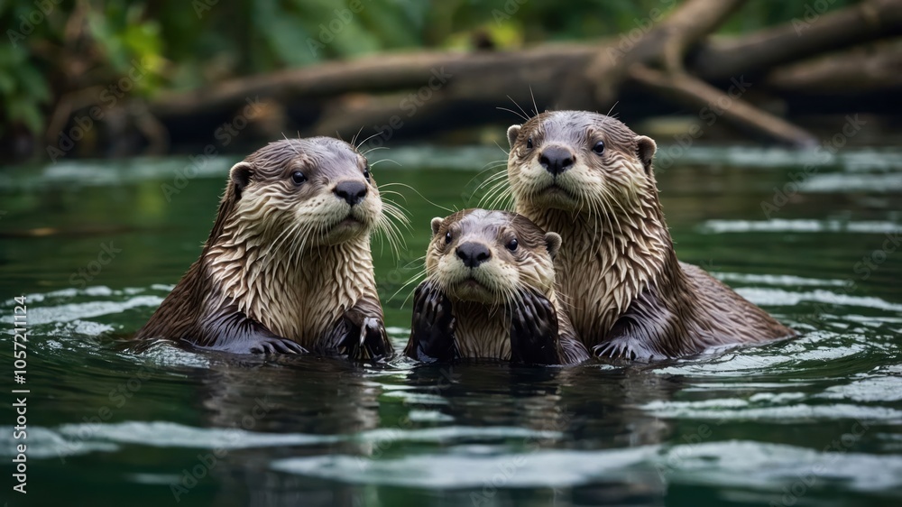 Three otters playfully swimming together in a serene, green environment. Three otters playfully swimming together in a serene, green environment.