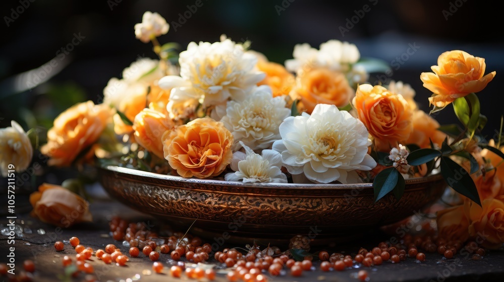 A vibrant arrangement of orange and white flowers in an ornate bowl, surrounded by decorative beads. A vibrant arrangement of orange and white flowers in an ornate bowl, surrounded by decorative beads.