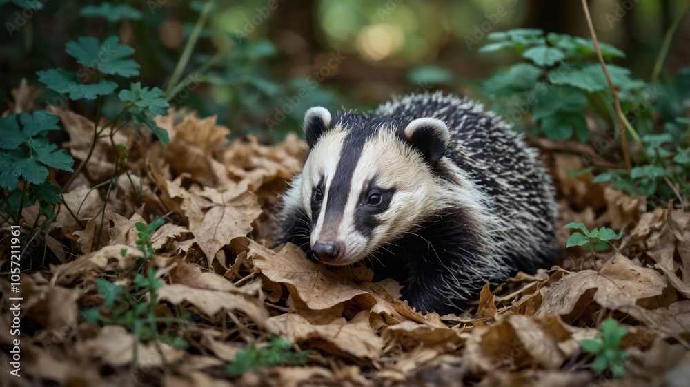 A close-up of a badger resting on fallen leaves in a forest setting. A close-up of a badger resting on fallen leaves in a forest setting.