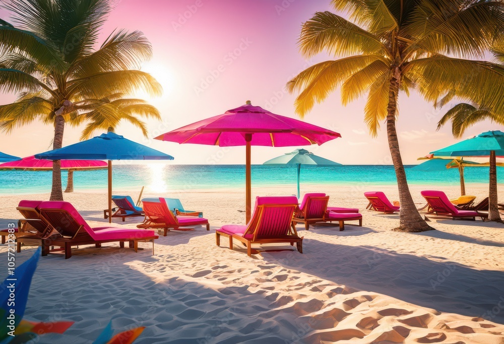 Fototapeta premium vibrant tropical paradise colorful lounge chairs fun umbrellas creating inviting ambiance relaxation sunny outdoor space, beach, sunshine, vacation, landscape