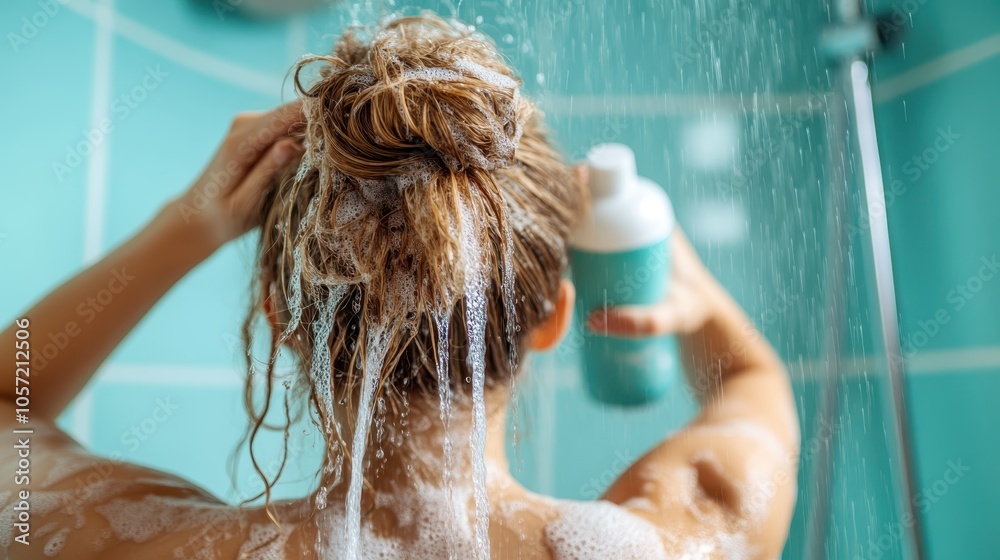 Naklejka premium A woman stands under running water with her hair lathered in foam, holding a shampoo bottle in a refreshing shower, capturing everyday self-care and relaxation.