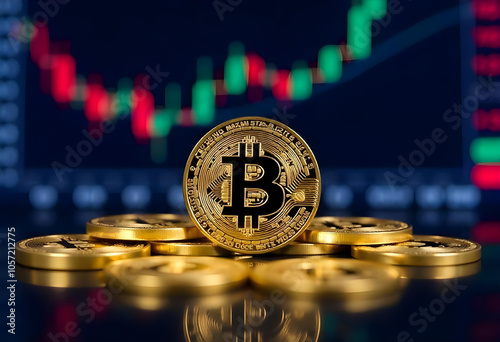 Bitcoins and crypto currency on the background of trading graphs