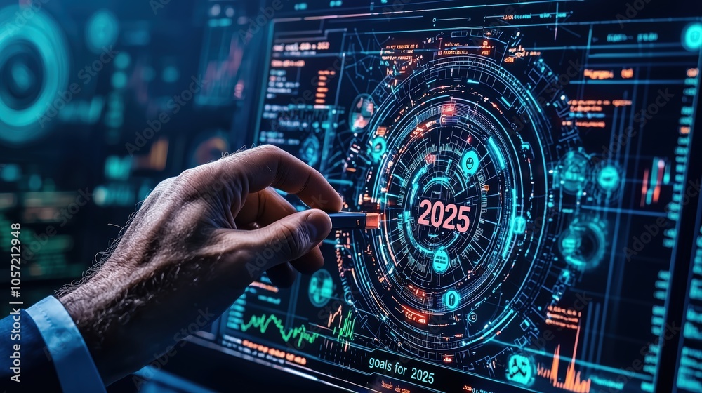 A futuristic interface displaying data and analytics, with a hand manipulating elements related to the year 2025. A futuristic interface displaying data and analytics, with a hand manipulating elements related to the year 2025.