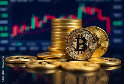 Bitcoins and crypto currency on the background of trading graphs