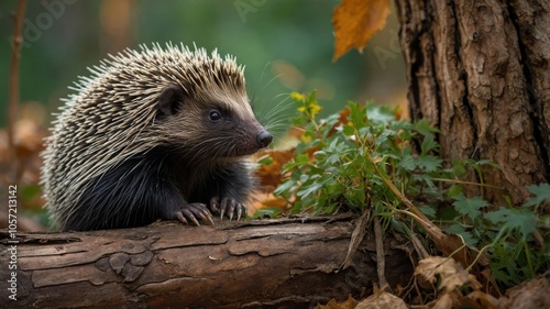 A close-up of a hedgehog resting on a log in a natural setting.