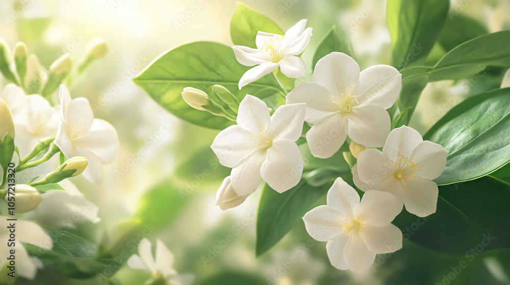 A close-up of delicate white flowers surrounded by green leaves, illuminated by soft light for plants & flowers. A close-up of delicate white flowers surrounded by green leaves, illuminated by soft light for plants & flowers.