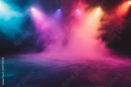 Fondo oscuro abstracto de una habitación vacía con piso de cemento, iluminada por focos de colores, con humo y polvo en el aire. Sirve como fondo para la presentación de productos.