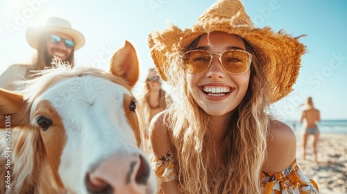 A woman in sunglasses and a straw hat beams with a bright smile at the beach, capturing the essence of a sunny vacation day with friends and a friendly horse. photo