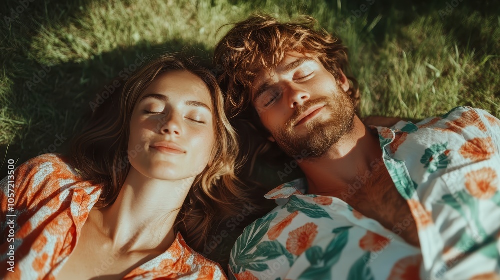A serene moment captures a couple lying next to each other on grass, eyes closed and basking in the sunlight, highlighting their peaceful expressions and floral shirts.