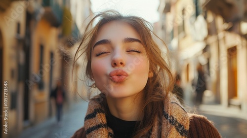 Wallpaper Mural female student blowing a kiss at the camera, set against street background  Torontodigital.ca
